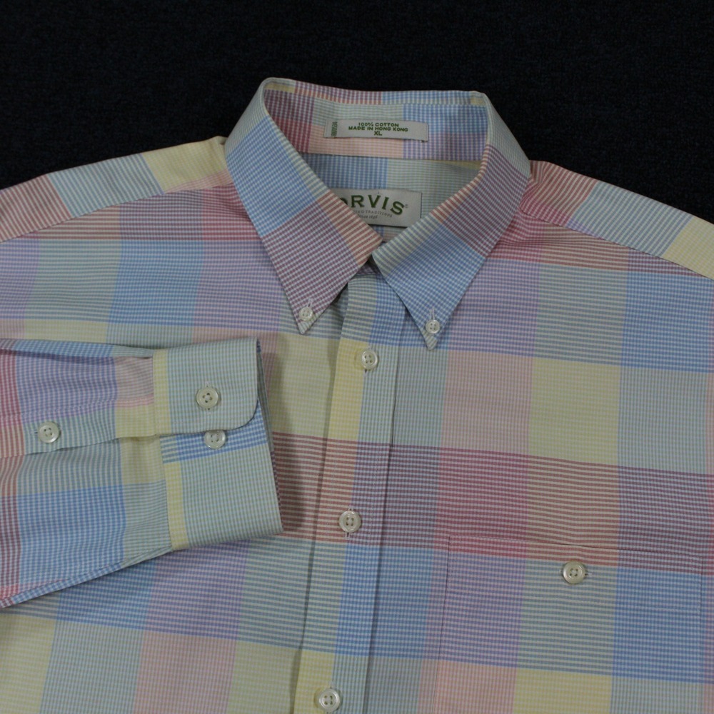 Orvis Plaid Button Down Shirt Mens XL Multi Color Pastel Cotton Long Sleeve Mens